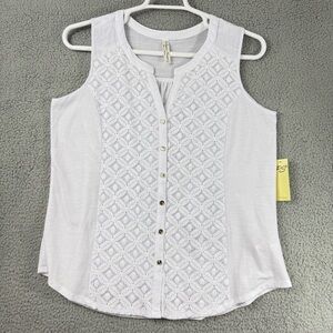 PerSeption Concept White Lace-Front Button Tank Top Cottage Core Fairy Dainty